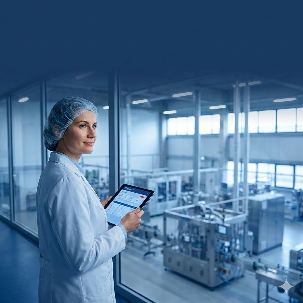 מפקחת איכות עם מערכת של IT SYSTEMS ברצפת הייצור